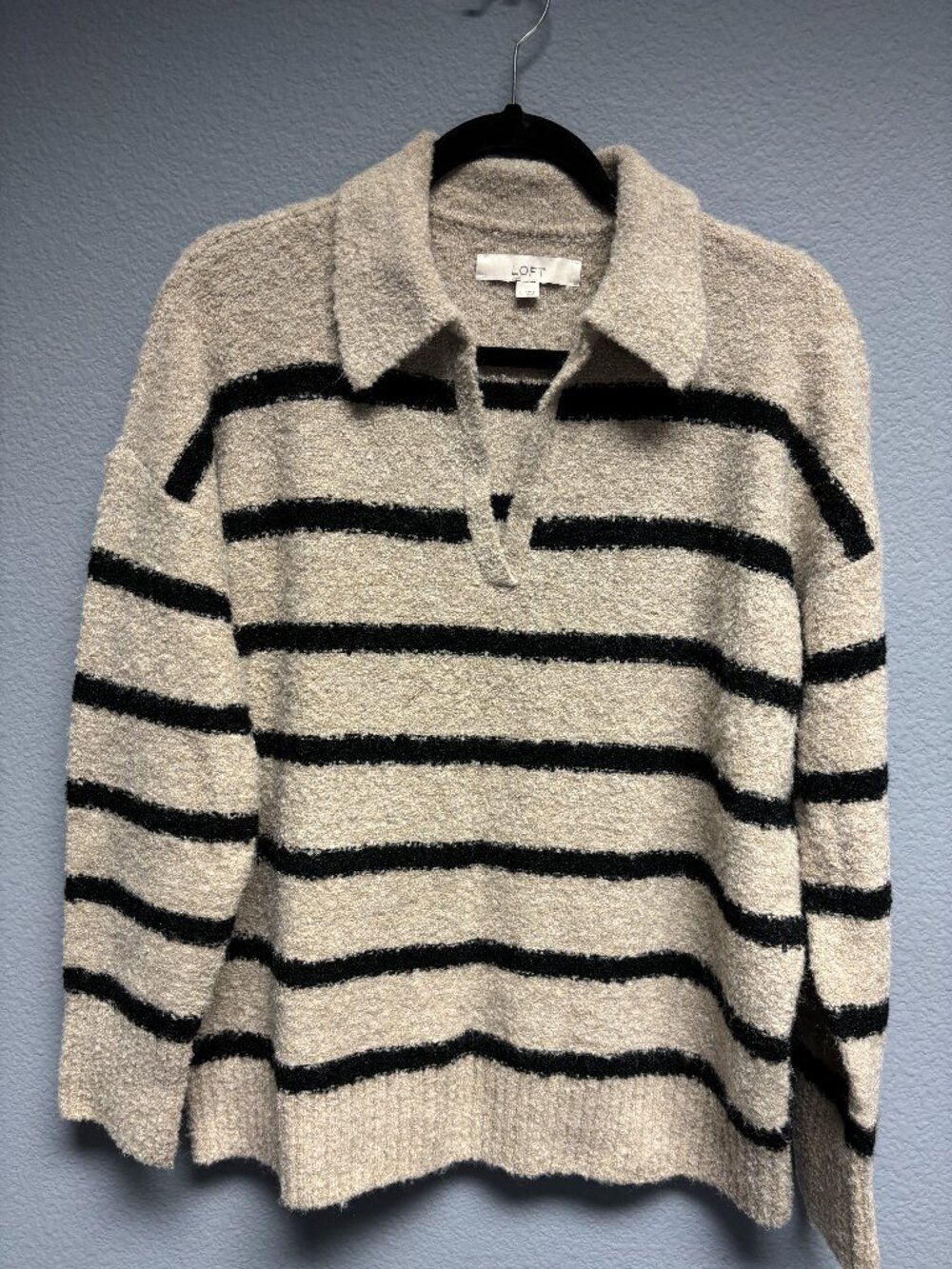 LOFT Cozy Striped Bouclé Split Neck Polo Sweater Beige Black